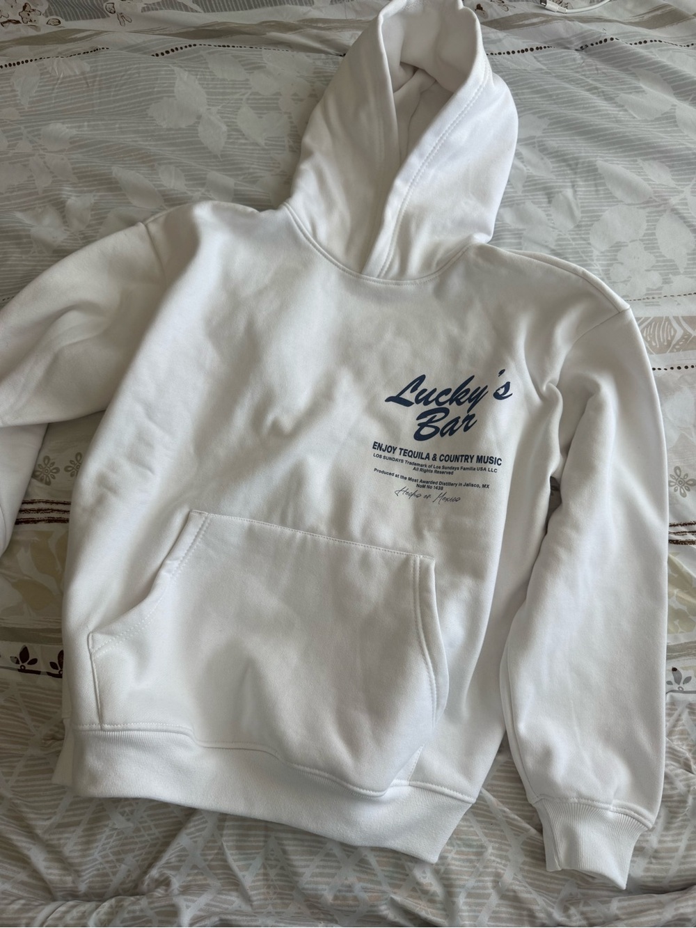 PacSun White Hoodie "Lucky's Bar" with Blue Print